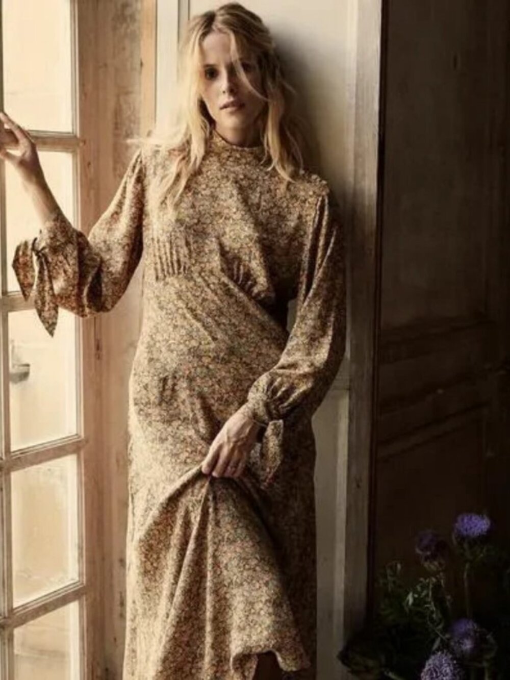 Doen Alda Dress in Lady Emma Floral Printed Long Sleeve Pleated Silk Maxi M